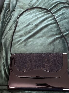 Black Lace-Accent Patent Shoulder Clutch